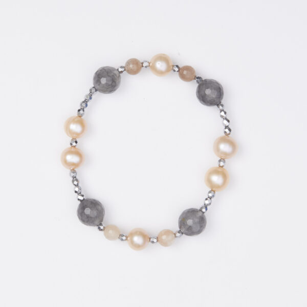 Bracciale Elastico in Ematite, Pietra di Luna, Quarzo Grigio e Perle