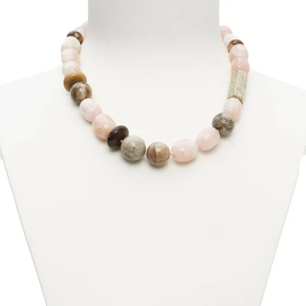 Collanna girocollo in morganite e legno fossile