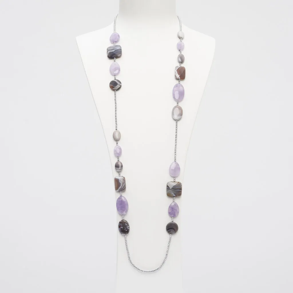Collana lunga con forme piatte in Ametista ed Agata Botswana