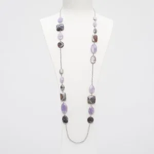 Collana lunga con forme piatte in Ametista ed Agata Botswana