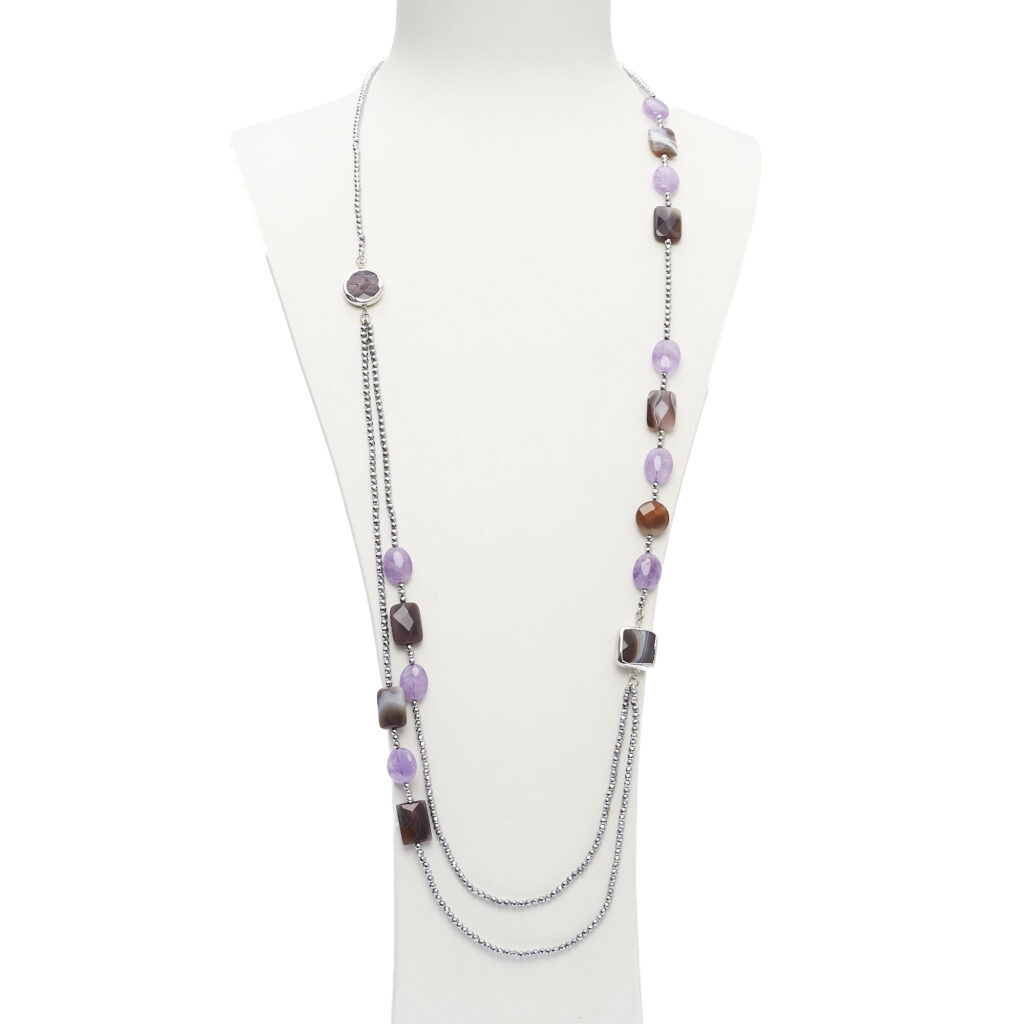 Collana lunga con fronte a due fili, in Ametista ed Agata Botswana