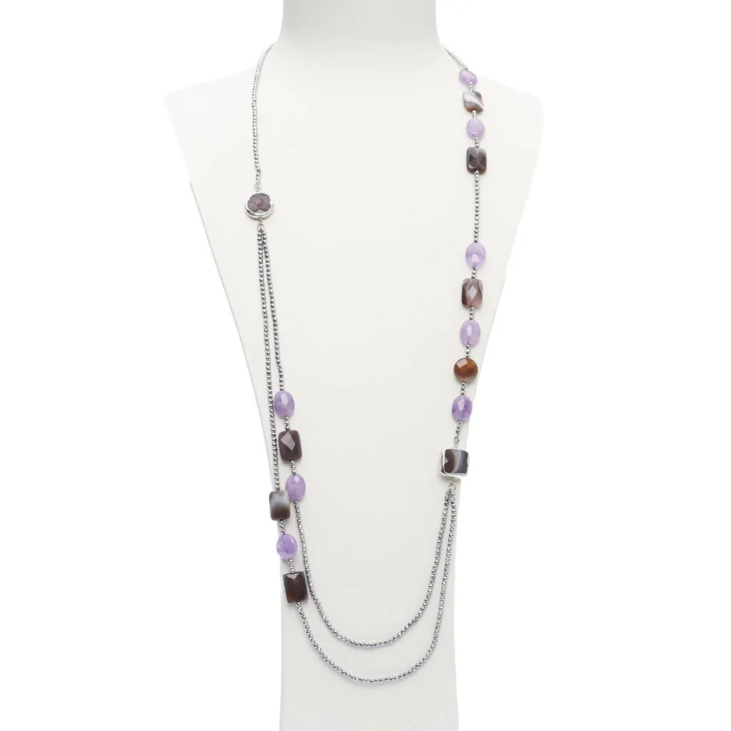 Collana lunga con fronte a due fili, in Ametista ed Agata Botswana