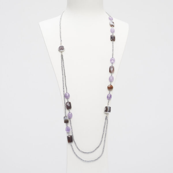 Collana lunga con fronte a due fili, in Ametista ed Agata Botswana