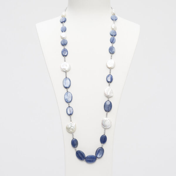 Collana media lunghezza in Cianite, Perle ed Ematite rodiata