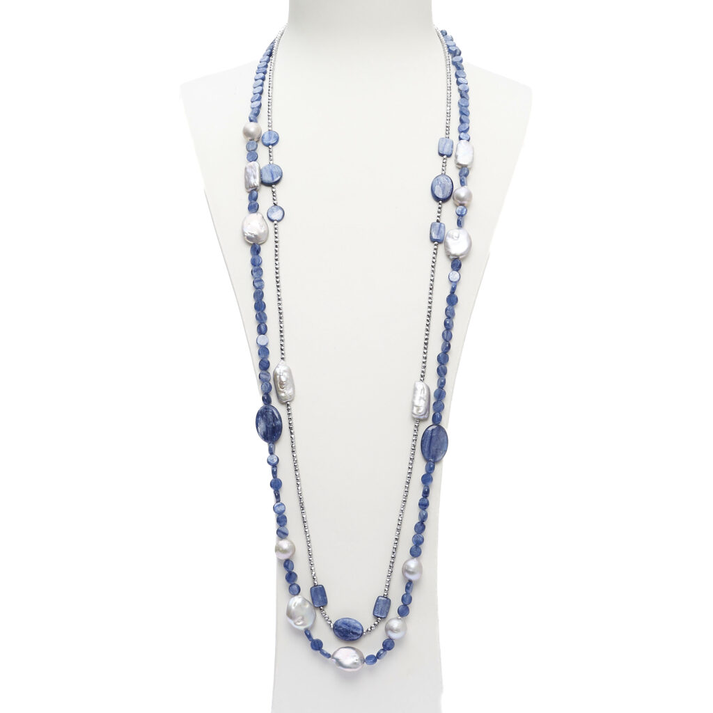 Collana lunga a due fili in Cianite, Perle ed Ematite rodiata