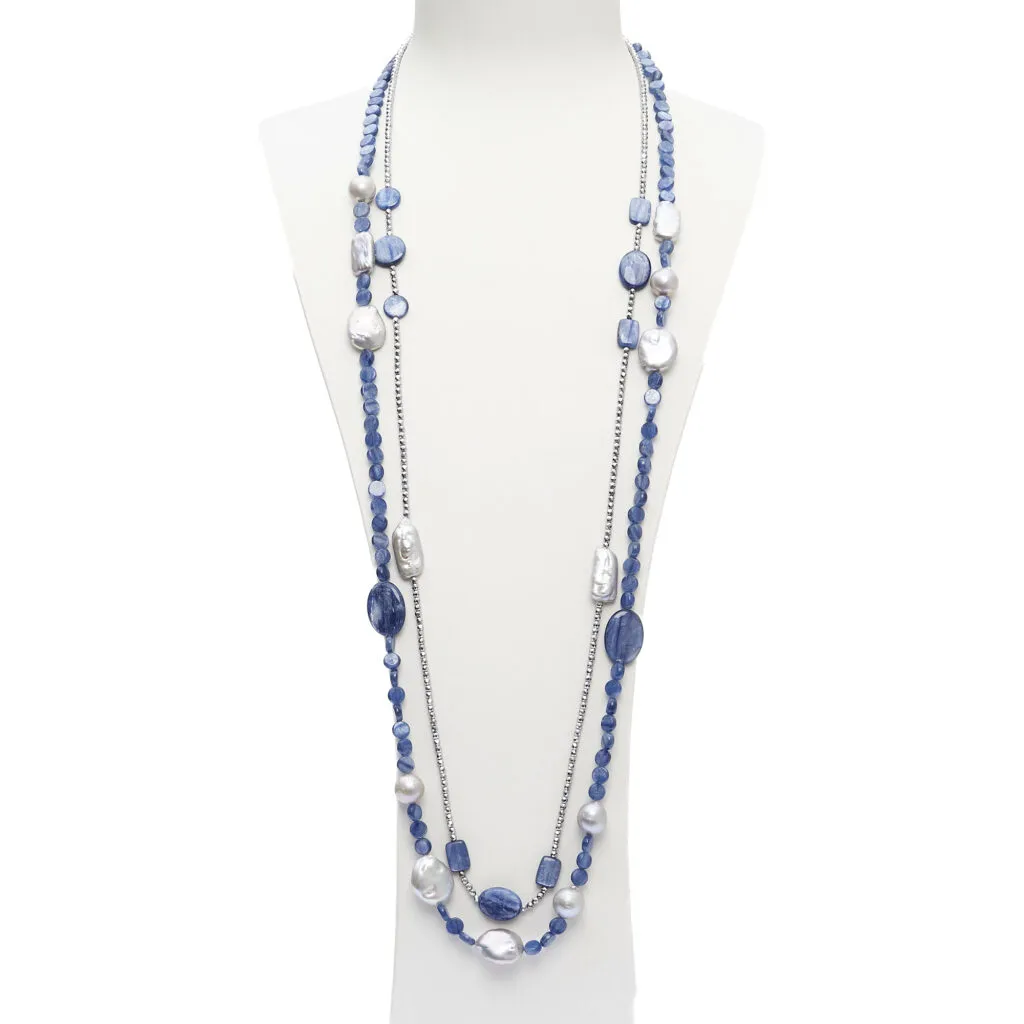 Collana lunga a due fili in Cianite, Perle ed Ematite rodiata