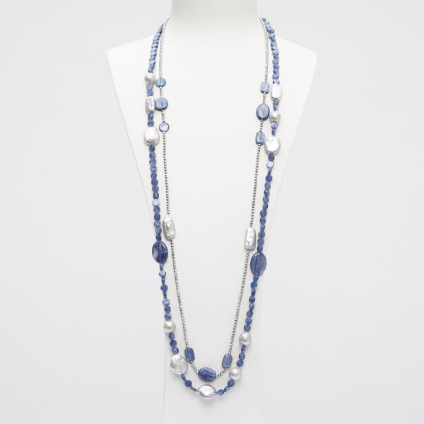 Collana lunga a due fili in Cianite, Perle ed Ematite rodiata