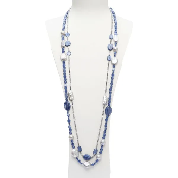 Collana lunga a due fili in Cianite, Perle ed Ematite rodiata