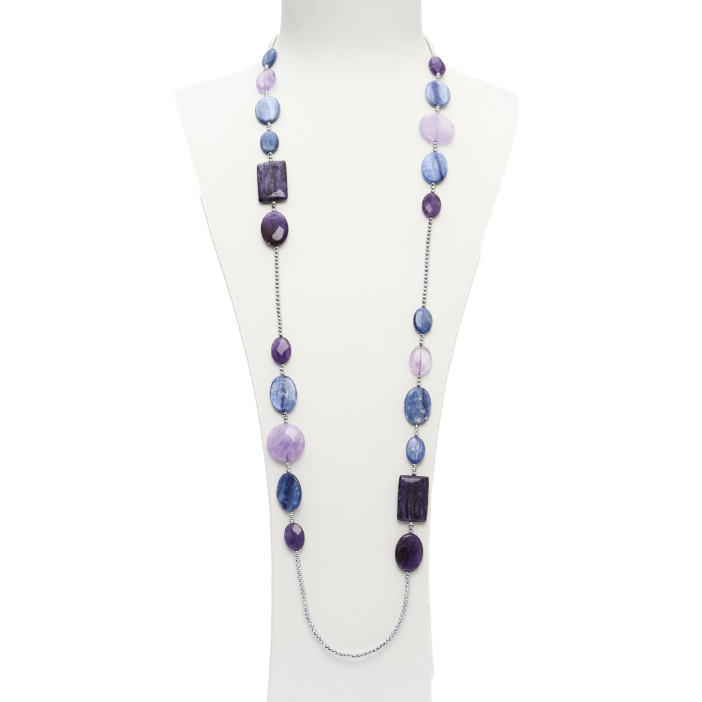 Collana lunga in Cianite, Ametista e Ciaroite, con Ematite rodiata