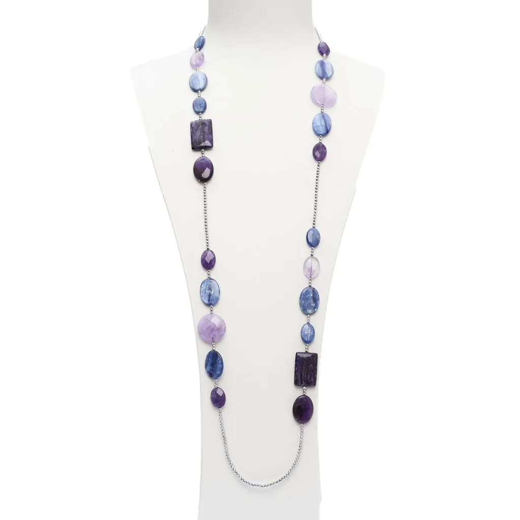 Collana lunga in Cianite, Ametista e Ciaroite, con Ematite rodiata