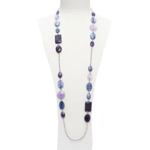 Collana lunga in Cianite, Ametista e Ciaroite, con Ematite rodiata