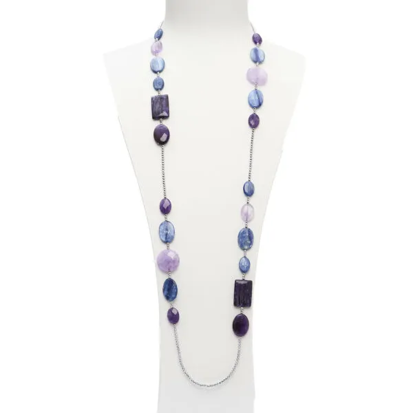Collana lunga in Cianite, Ametista e Ciaroite, con Ematite rodiata