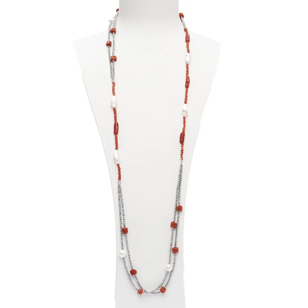 Collana lunga a due fili in Corallo, Perle ed Ematite
