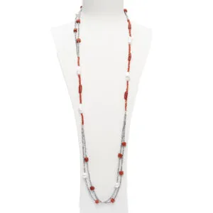Collana lunga a due fili in Corallo, Perle ed Ematite