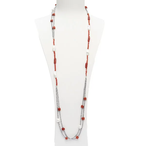Collana lunga a due fili in Corallo, Perle ed Ematite