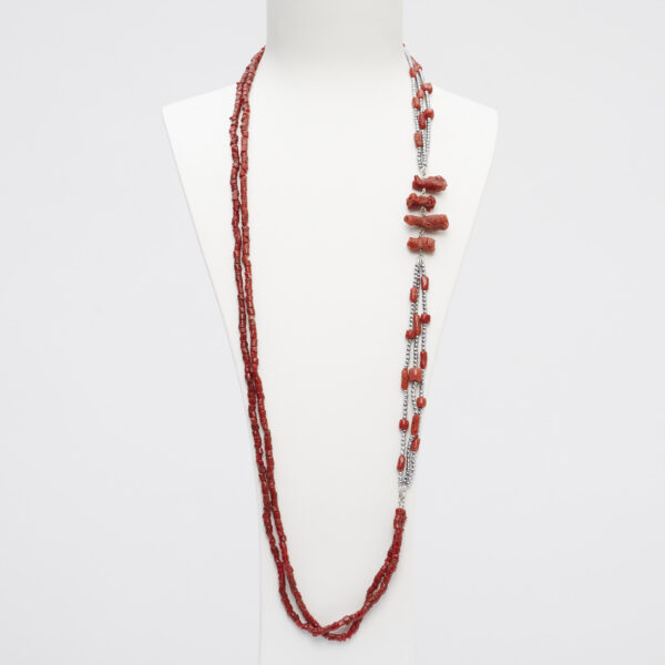Collana lunga a due fili in Corallo ed Ematite rodiata
