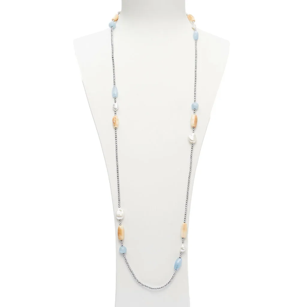Lange ketting in aquamarijn, parels en schelp