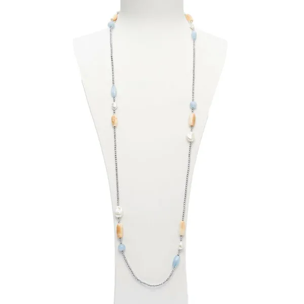 Lange ketting in aquamarijn, parels en schelp