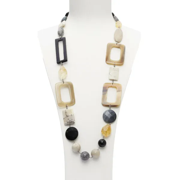 Collana in Agata Nera, Occhio di Gatto, Citrino e Diaspro Bianco con Elementi in corno