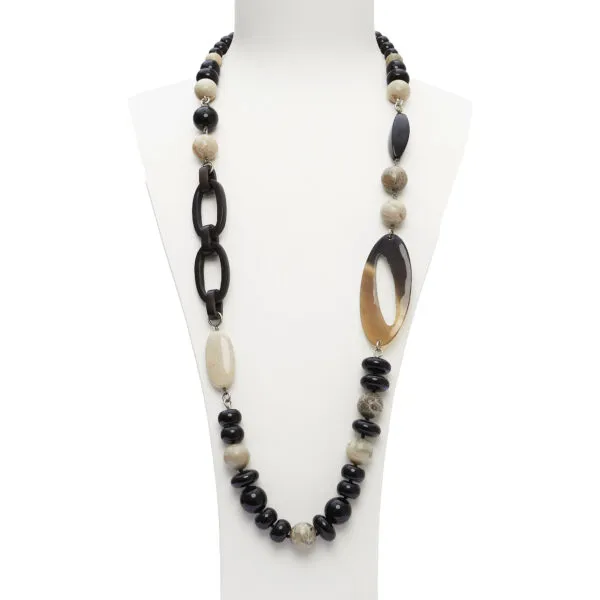 Collana lunga in Agata Nera e Corallo Fossile, con sequenze in Ebano e Corno