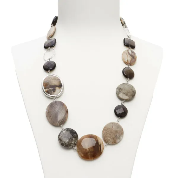 Collana rilegata in Argento, in legno fossile, Turitella e Quarzo Fumè
