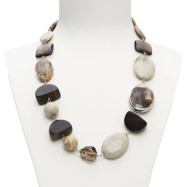 Collana rilegata in Argento, in Legno fossile, Ebano e Quarzo Fumè