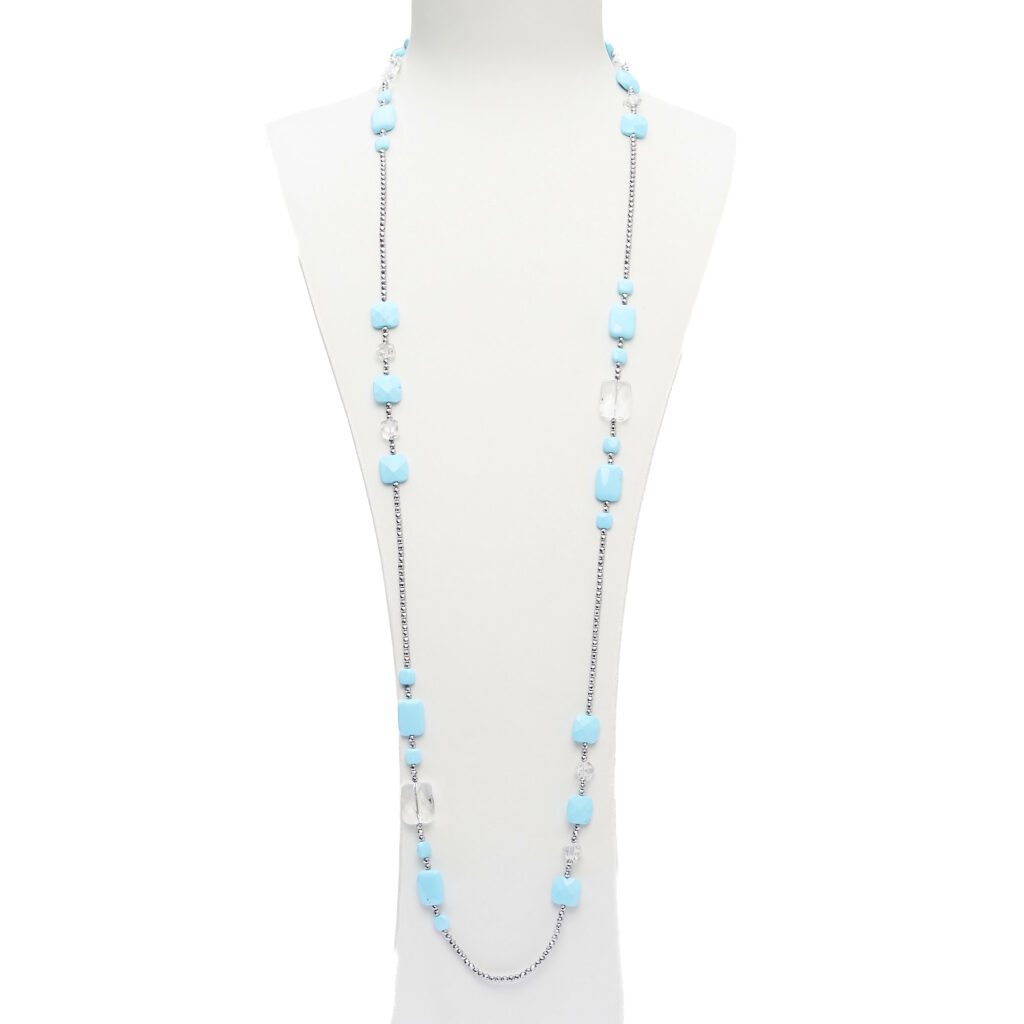 Collana lunga in Pasta di Turchese, Cristallo di Rocca ed Ematite