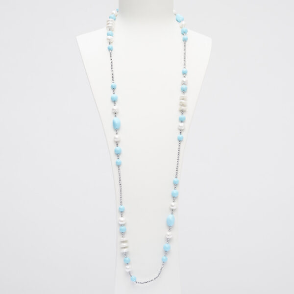 Collana lunga con sequenze in Perle, Pasta di Turchese ed Ematite