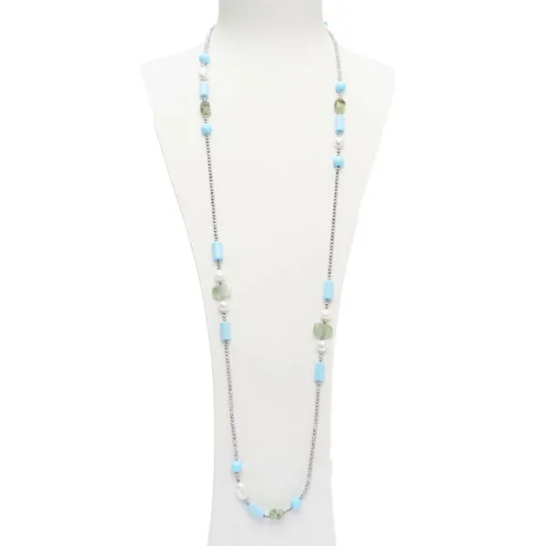 Collana lunga in Pasta di Turchese, Perle, Prehnite ed Ematite