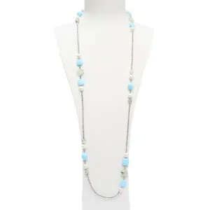 Collana lunga in Pasta di Turchese, Prehnite e Perle, con Ematite