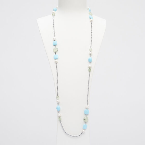 Collana lunga in Pasta di Turchese, Prehnite e Perle, con Ematite