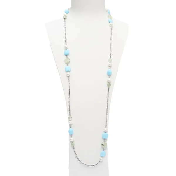 Collana lunga in Pasta di Turchese, Prehnite e Perle, con Ematite