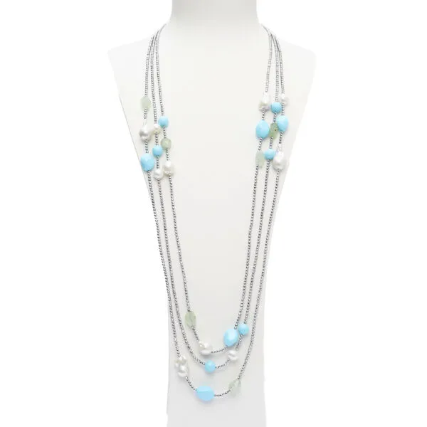 Collana a tre fili in Perle, Pasta di Turchese, Prehnite ed Ematite