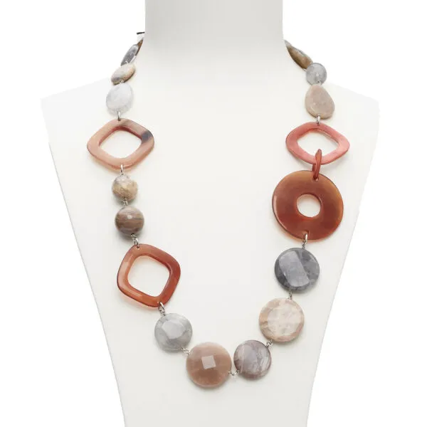 Collier moyen en pierre de lune et quartz gris avec formes en corne
