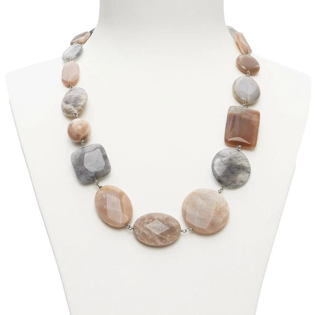 Collier court en pierre de lune et quartz gris