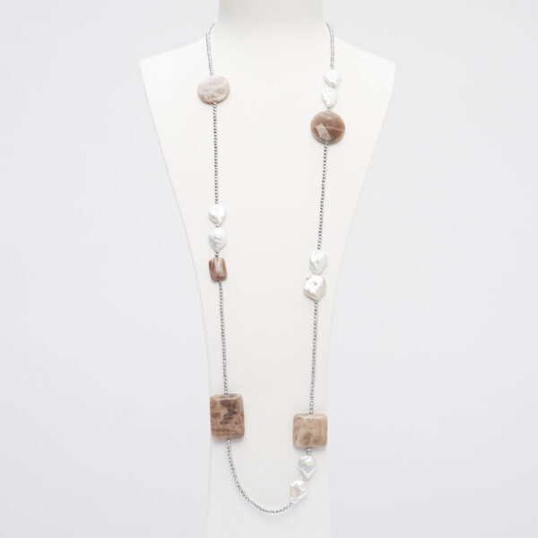 Collana lunga Con forme piatte in Pietra di Luna e Perle piatte