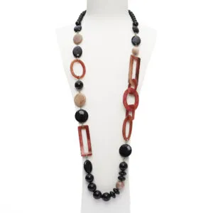 Collana lunga in Agata Nera e Pietra di Luna, con sequenze in corno