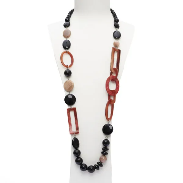 Collana lunga in Agata Nera e Pietra di Luna, con sequenze in corno