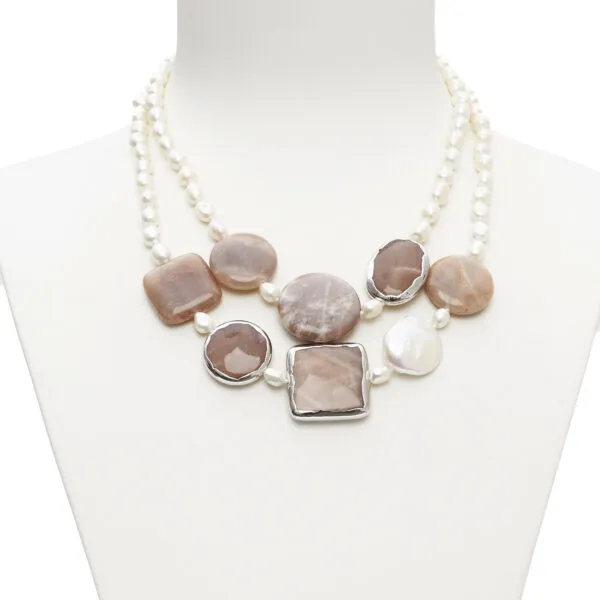 Collana corta a due fili in Perle e Pietra di Luna scontornata