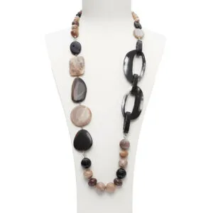 Collier moyen en agate noire, jaspe Outback et pierre de lune, avec séquences en corne.