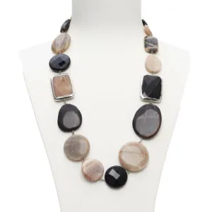 Collana in Agata Nera, Diaspro Outback e Pietra di Luna, con scontornati