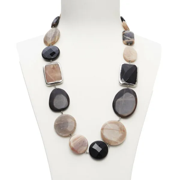 Collana in Agata Nera, Diaspro Outback e Pietra di Luna, con scontornati