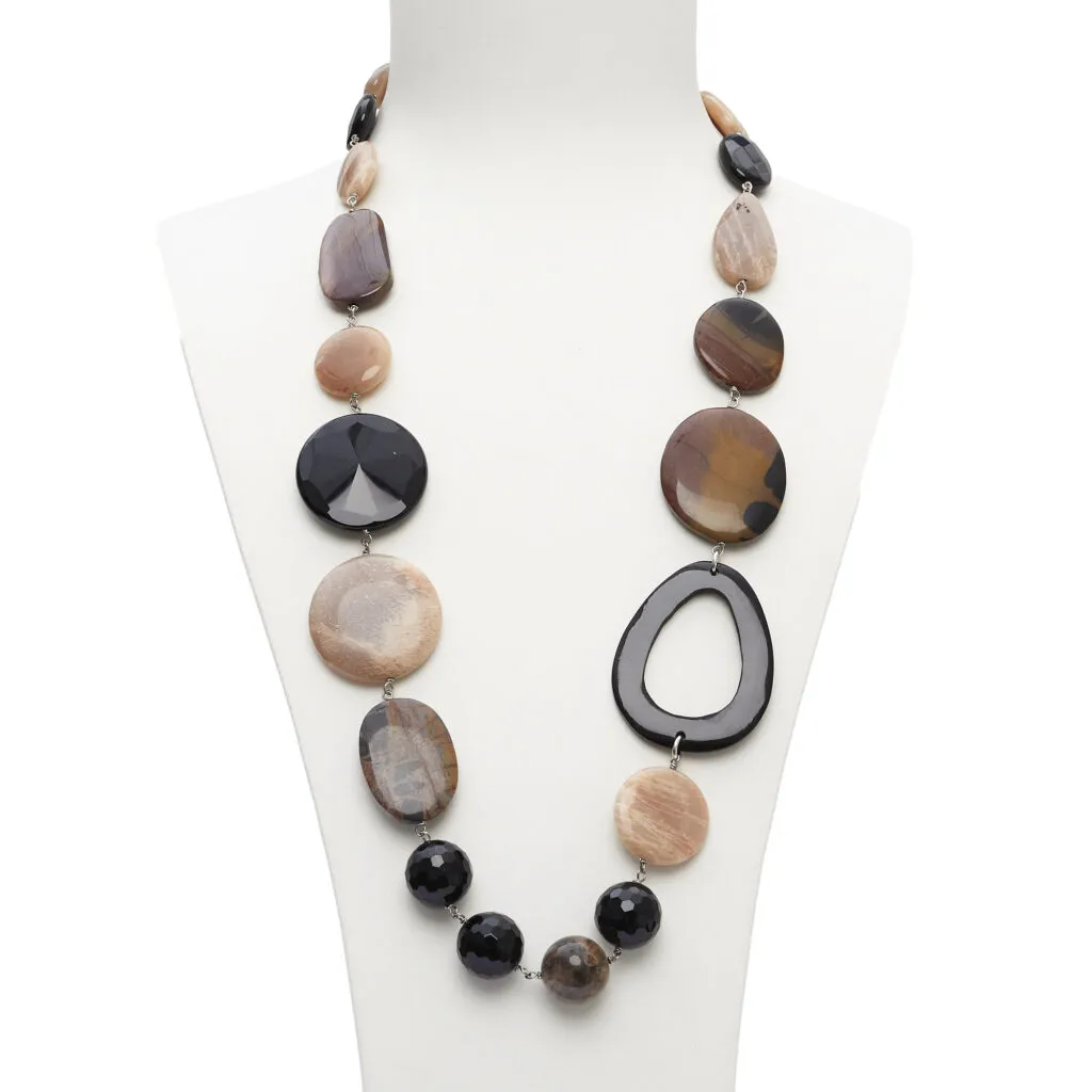 Ketting van zwarte agaat, outback jaspis en maansteen, met hoorn
