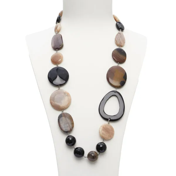 Collana in Agata Nera, Diaspro Outback e Pietra di Luna, con corno