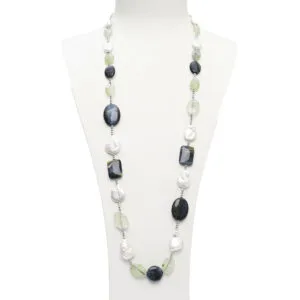 Collana medio lunga in Perle, Prehnite ed Occhio di Falco