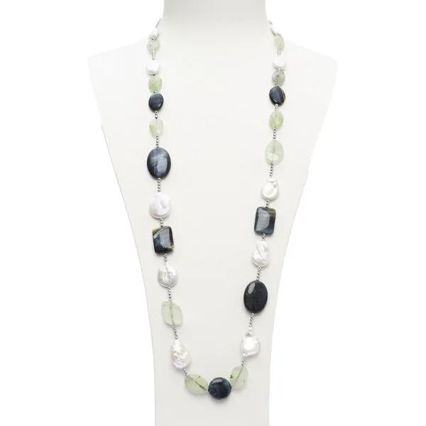 Collana medio lunga in Perle, Prehnite ed Occhio di Falco