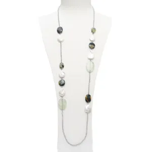 Collana lunga in Prehnite, Perle di fiume ed Occhio di Falco, con Ematite