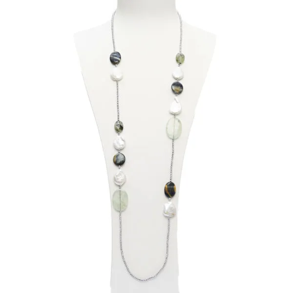 Collana lunga in Prehnite, Perle di fiume ed Occhio di Falco, con Ematite