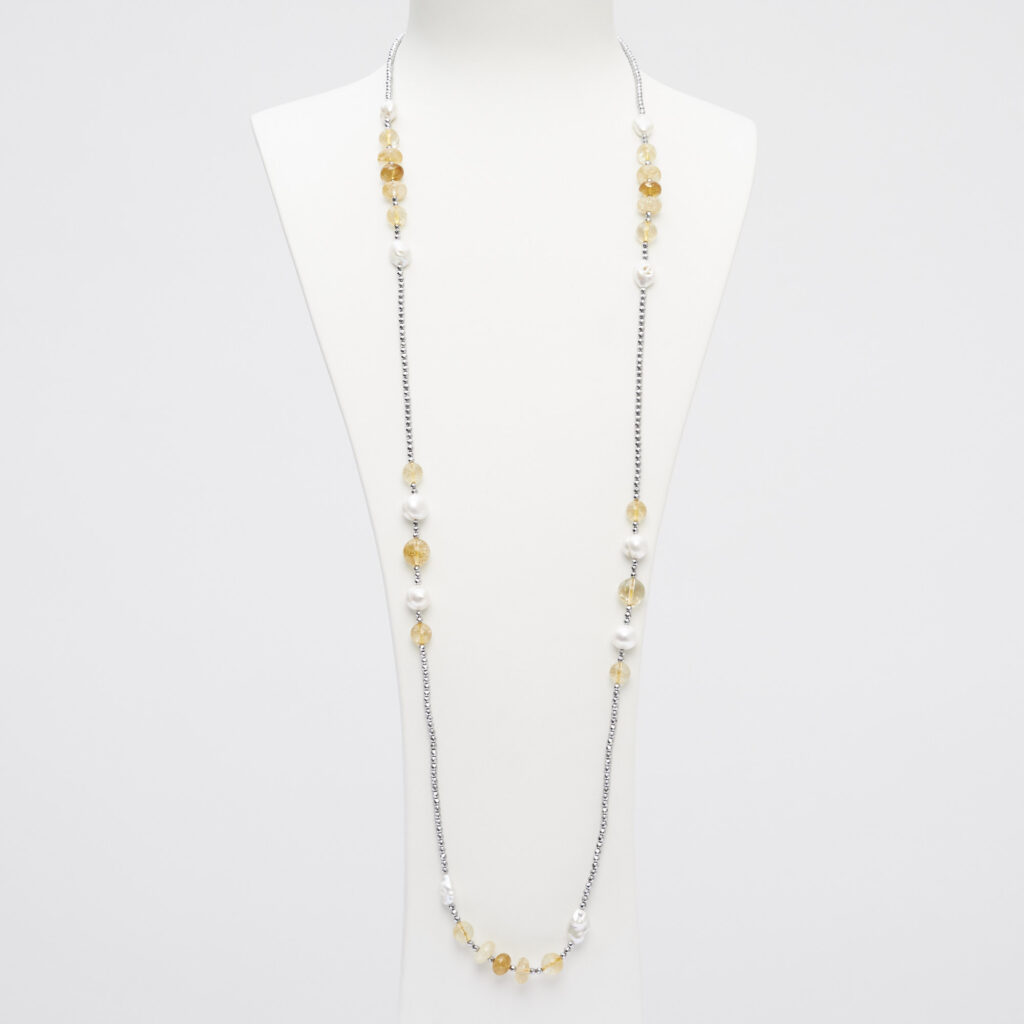 Lange ketting in Citrien, Parels en Hematiet