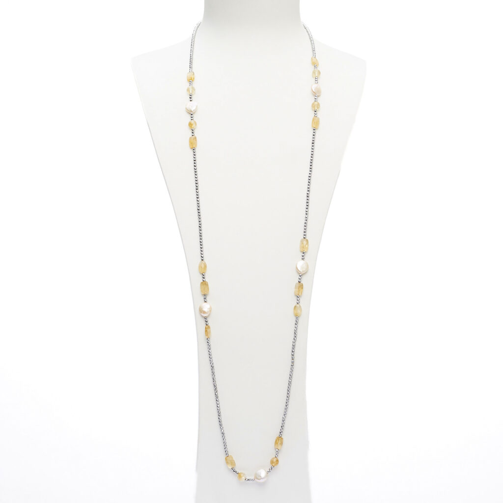 Lange ketting in Citrien en Parels, met Hematiet